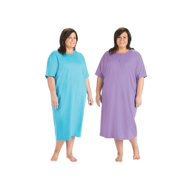 TURQUOISE HENLEY LONG COTTON NIGHTSHIRT O/S FITS 1X-3X